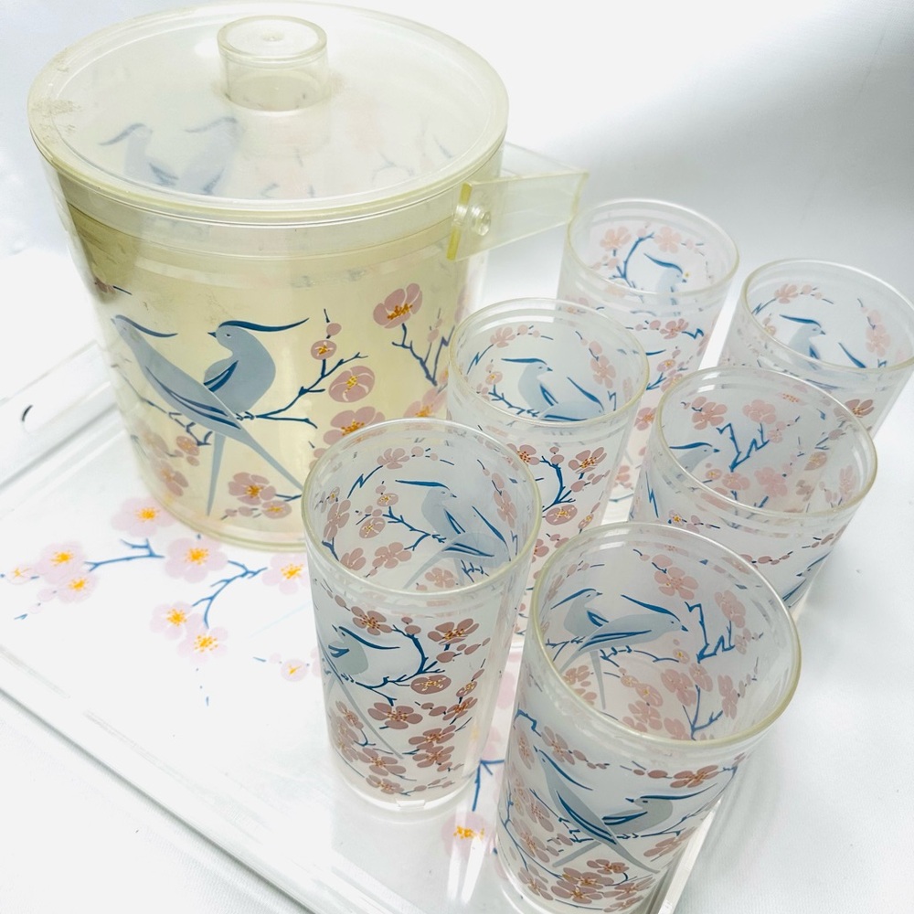 HJ Stotter VTG 87’ Acrylic Serving Tray, Ice Bucket, 6 Tumblers Birds & Cherry